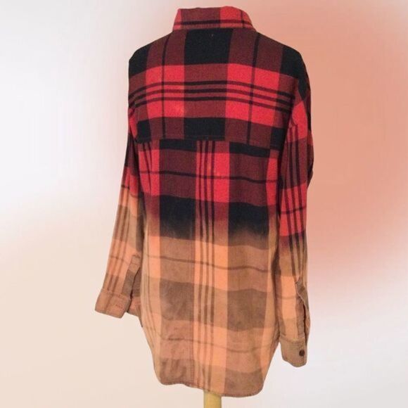 Old Navy Upcycled Bleached Red Black Orange Plaid Flannel Button Up Shirt Size S - Picture 5 of 12